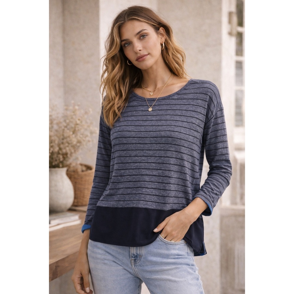 LOFT Petites Blue Striped Mixed Media‎ 3/4 Sleeve Knit Top SP L125